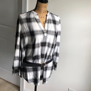 Loft black, white, gold plaid blouse